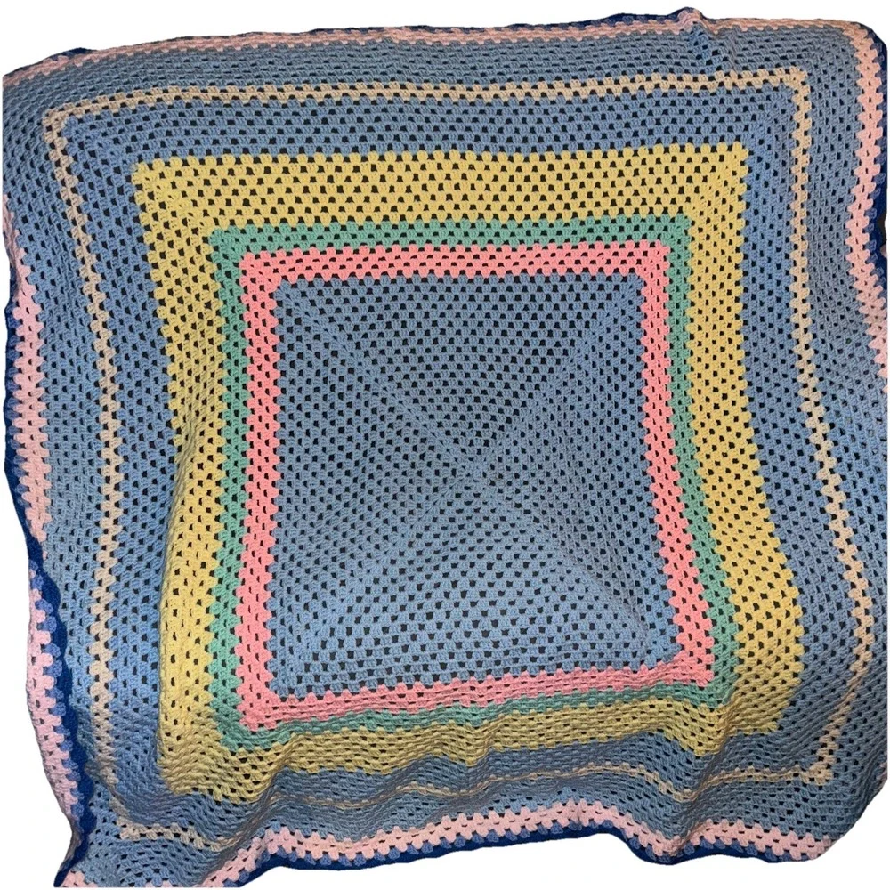Handmade Crochet Afghan Baby Toddler Blanket Throw Pastel Grannycore  65 X 60